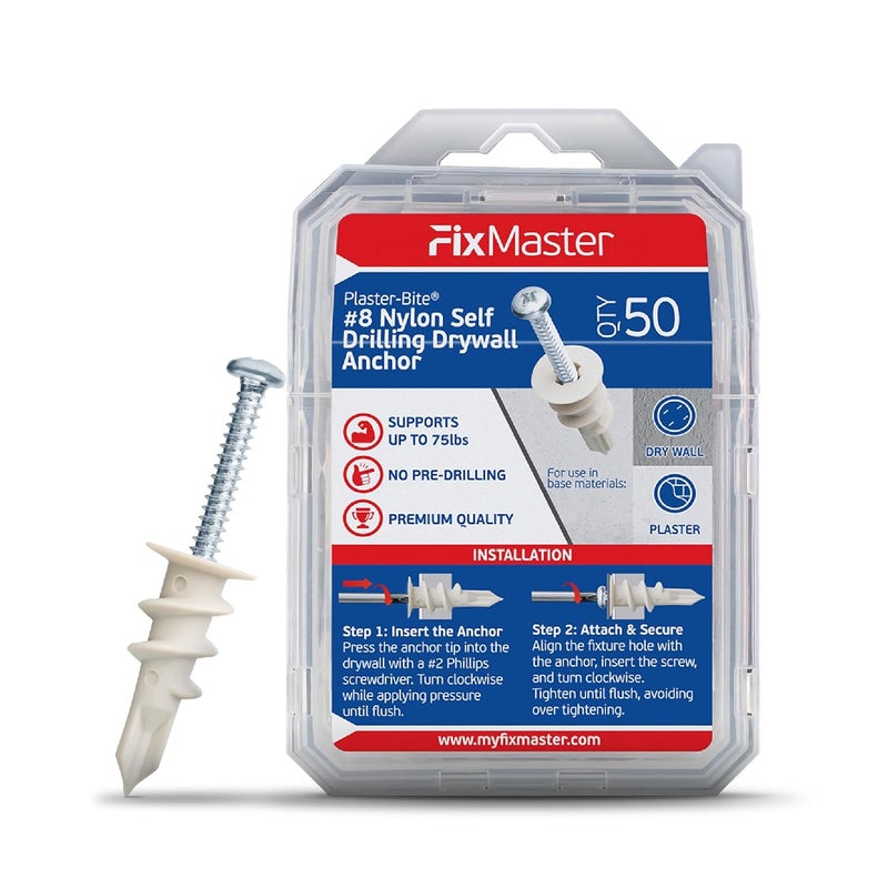 FixMaster Nylon Self-Drilling Drywall Anchors w/Screws (50 Anchors & 50 Screws) – Premium Nylon 66 Hollow Wall Anchors for 3/8"-5/8" Drywall – Shock-Resistant Hold, Easy Install - 75lb Holding Strength - Image 1